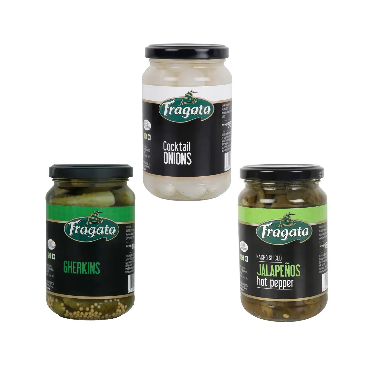 Fragata Combo Deals | Cocktail Onions (345g), Sliced Jalapeños (350g) & Spanish Gherkins (345g)