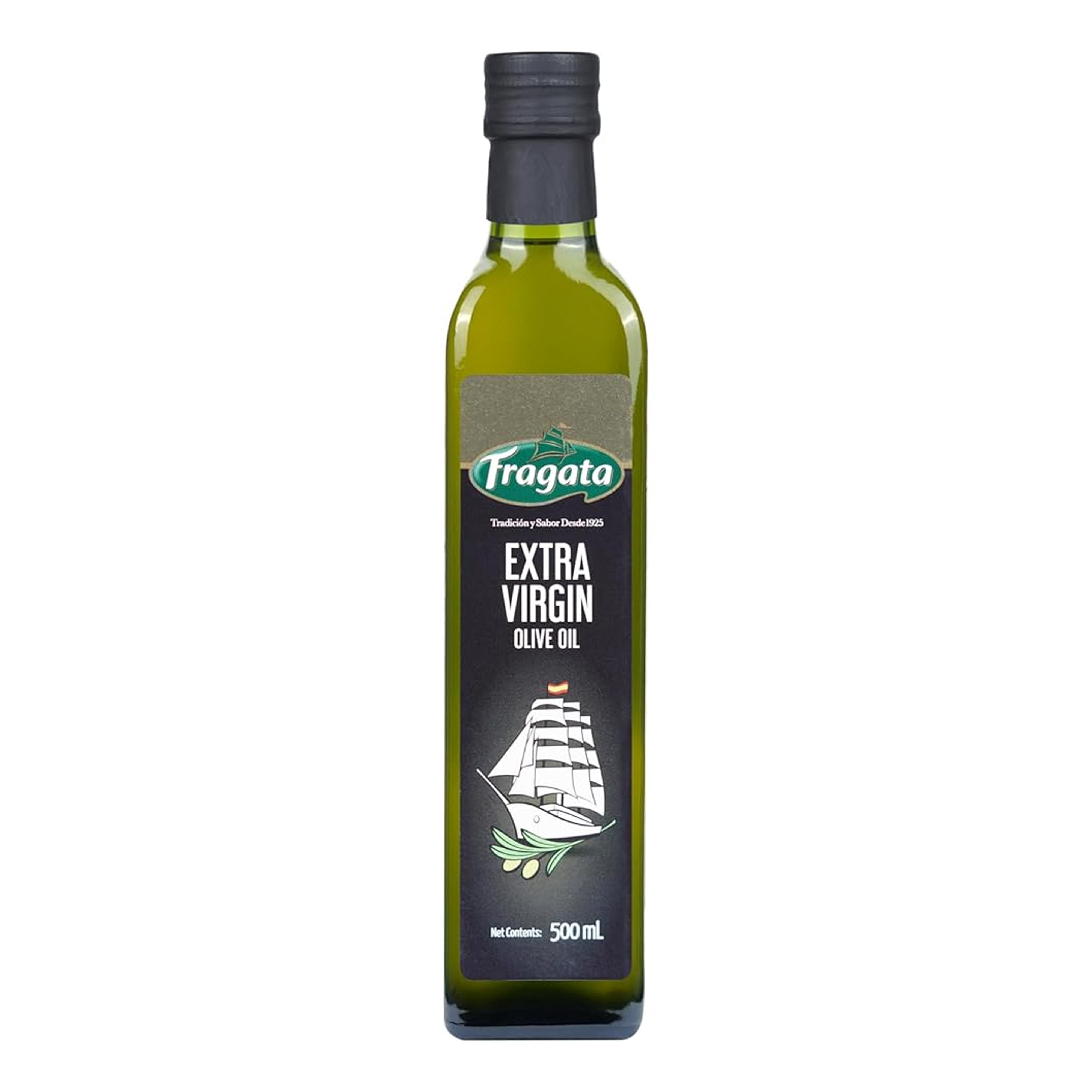Bottle of Fragata Extra Virgin Olive Oil with a label featuring an olive tree and a sailboat, indicating the product is from Spain and has a capacity of 250 ml.