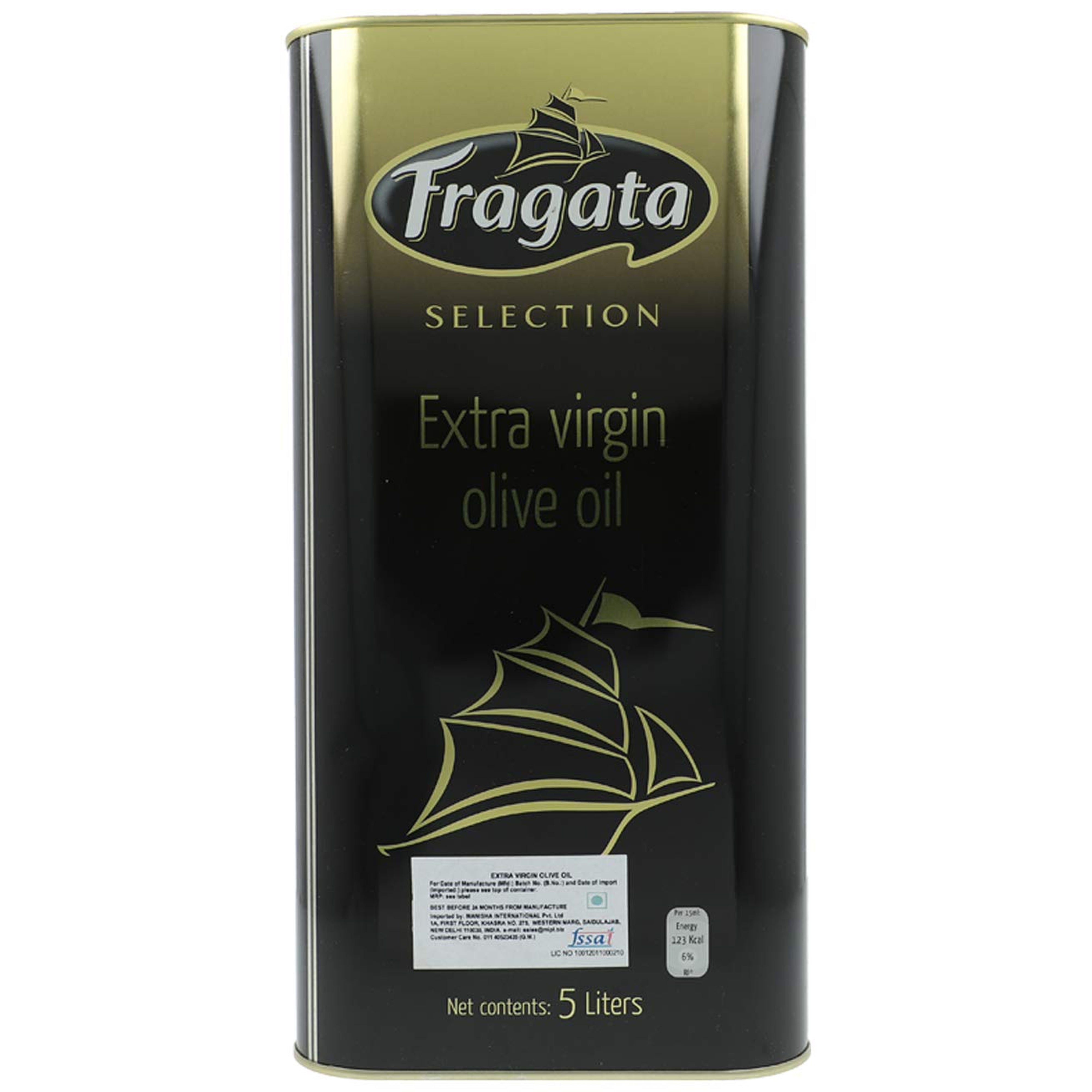 A bottle of Fragata Extra Virgin Olive Oil with a label indicating it is a premium product from Spain, and that it contains 5 liters of oil.