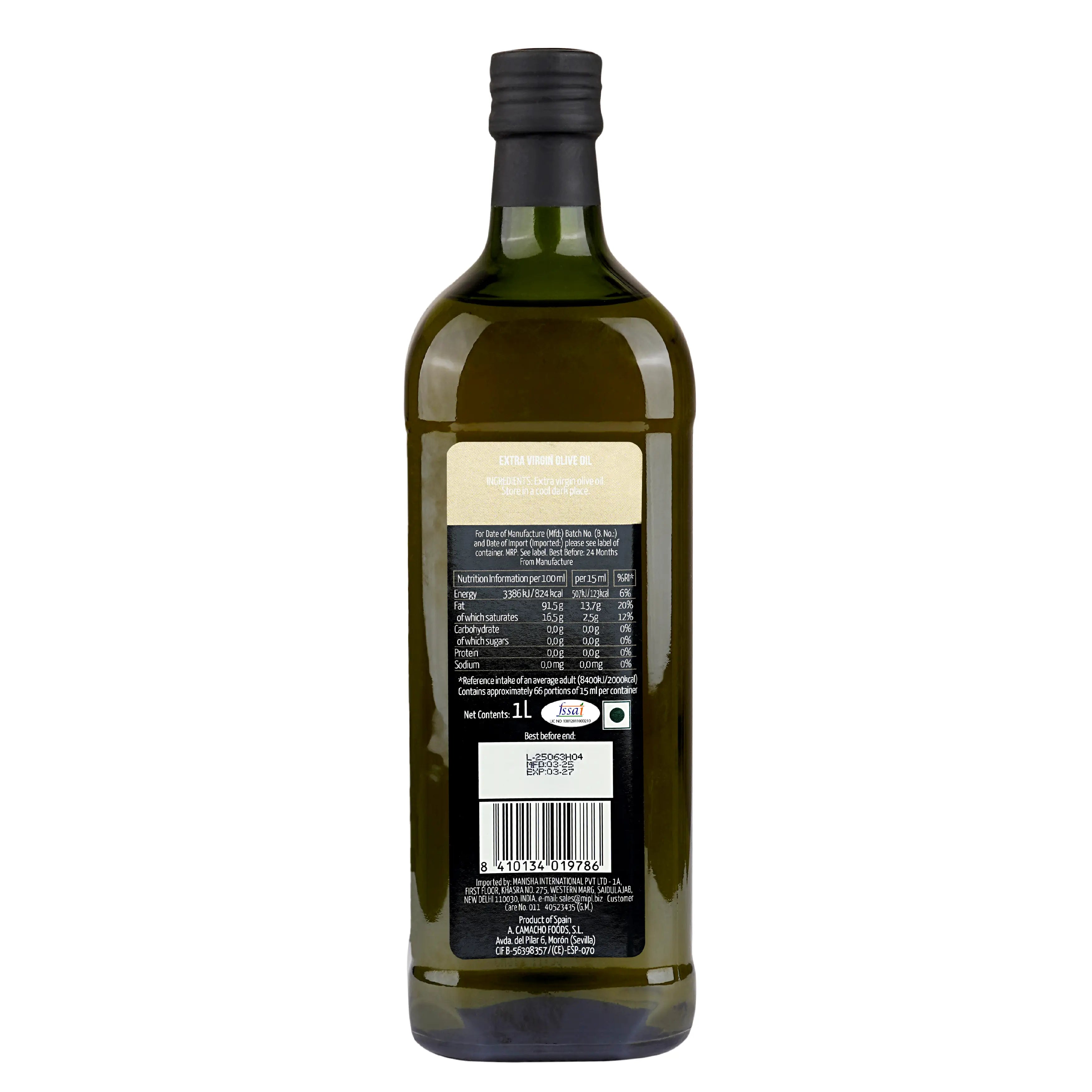 Bottle of olive oil with a label on a white background