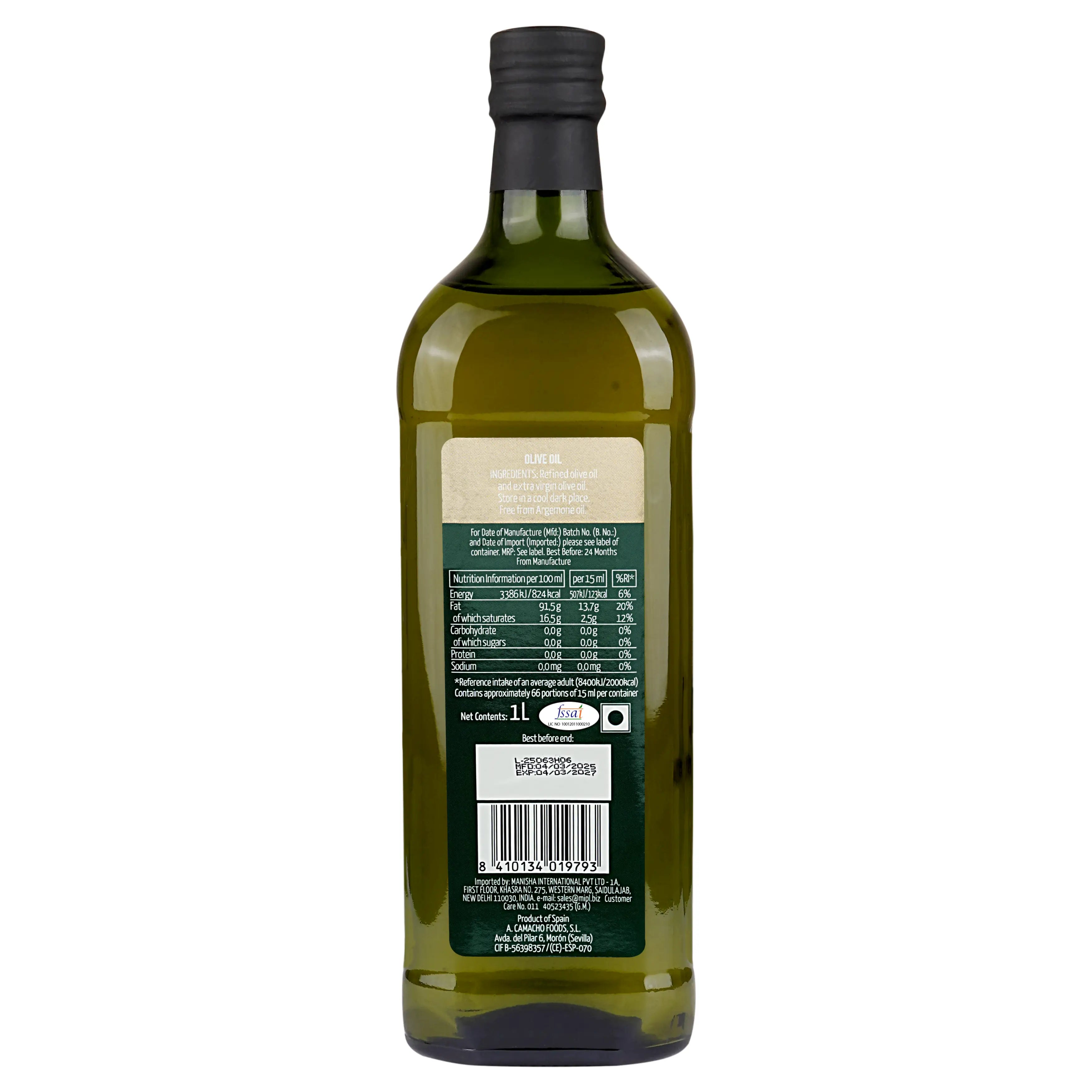 Bottle of olive oil with a label on a white background