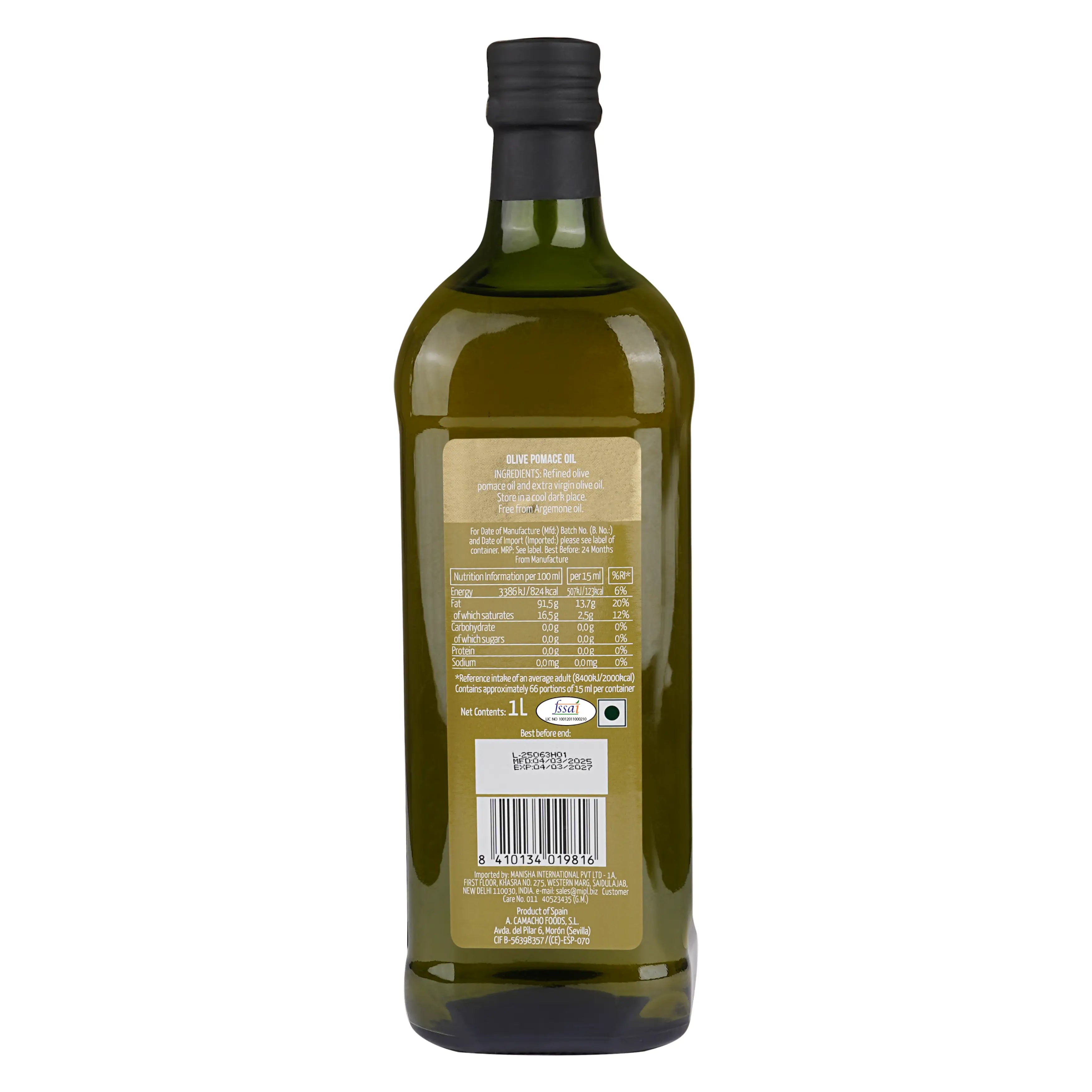 Bottle of olive oil with a label on a white background