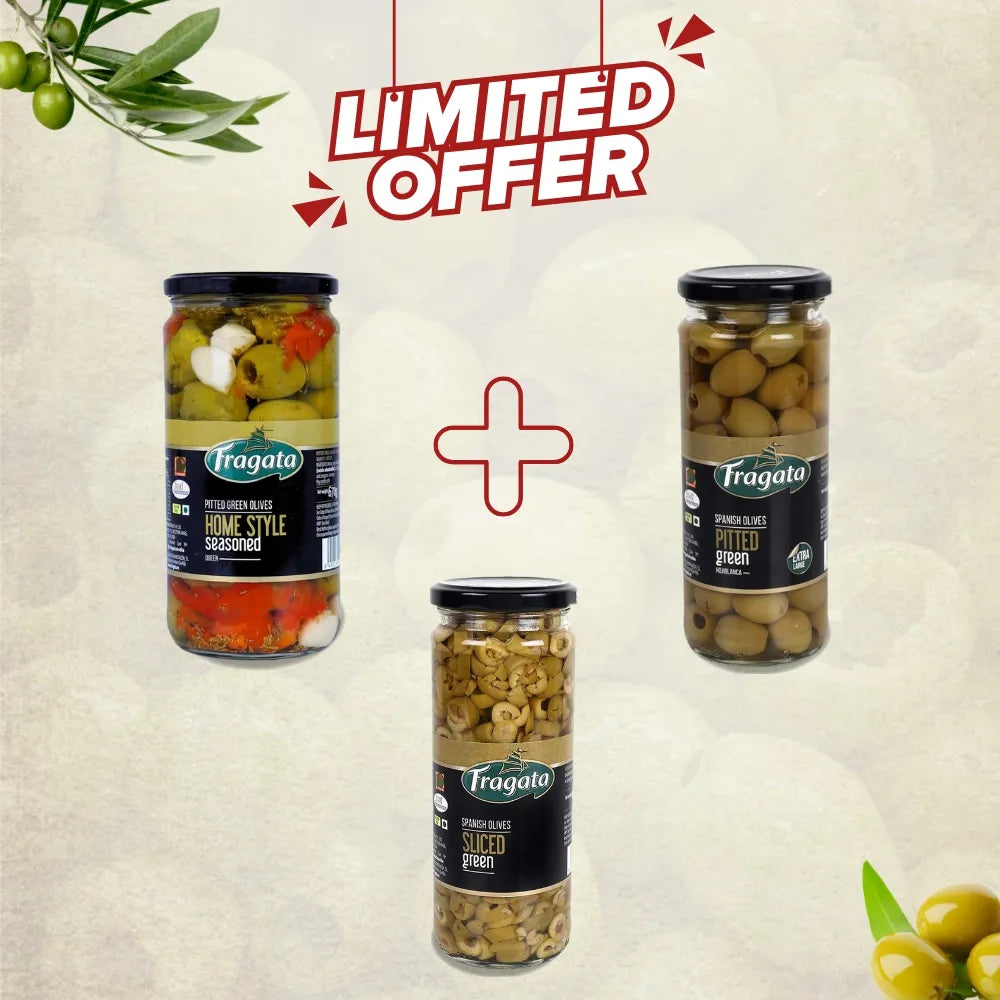 Fragata Combo Deals | Home Style Pitted Green Queen Olives (670g), Pitted Green Olives (440g) & Sliced Green Olives (450g)