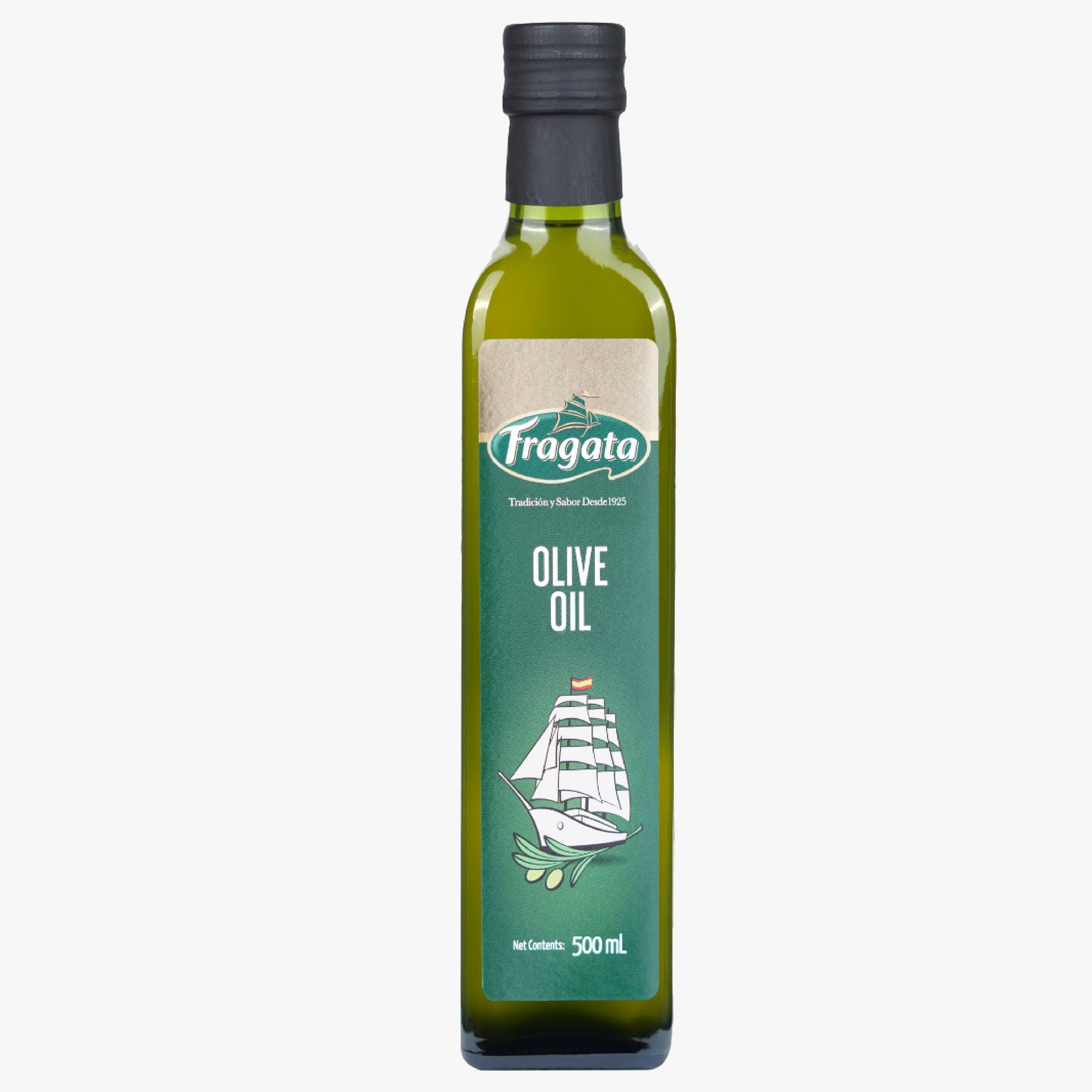 A bottle of Fragata Naturally Pure Olive Oil with a label depicting a sailboat and olives, indicating the product is light and versatile for every kitchen.