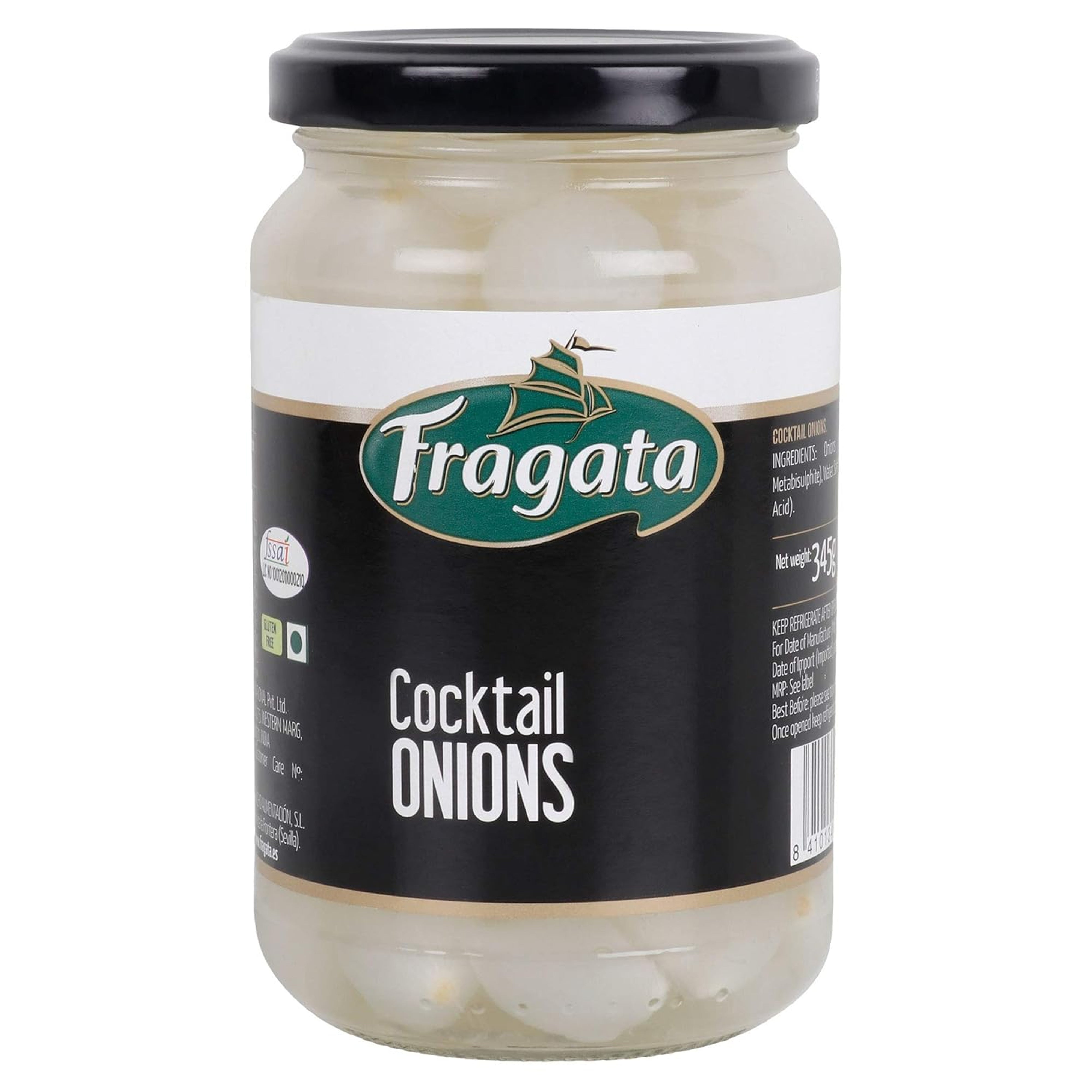 A jar of Fragata Spanish Preserved Cocktail Onions. The label displays the product name, brand, and some dietary information.