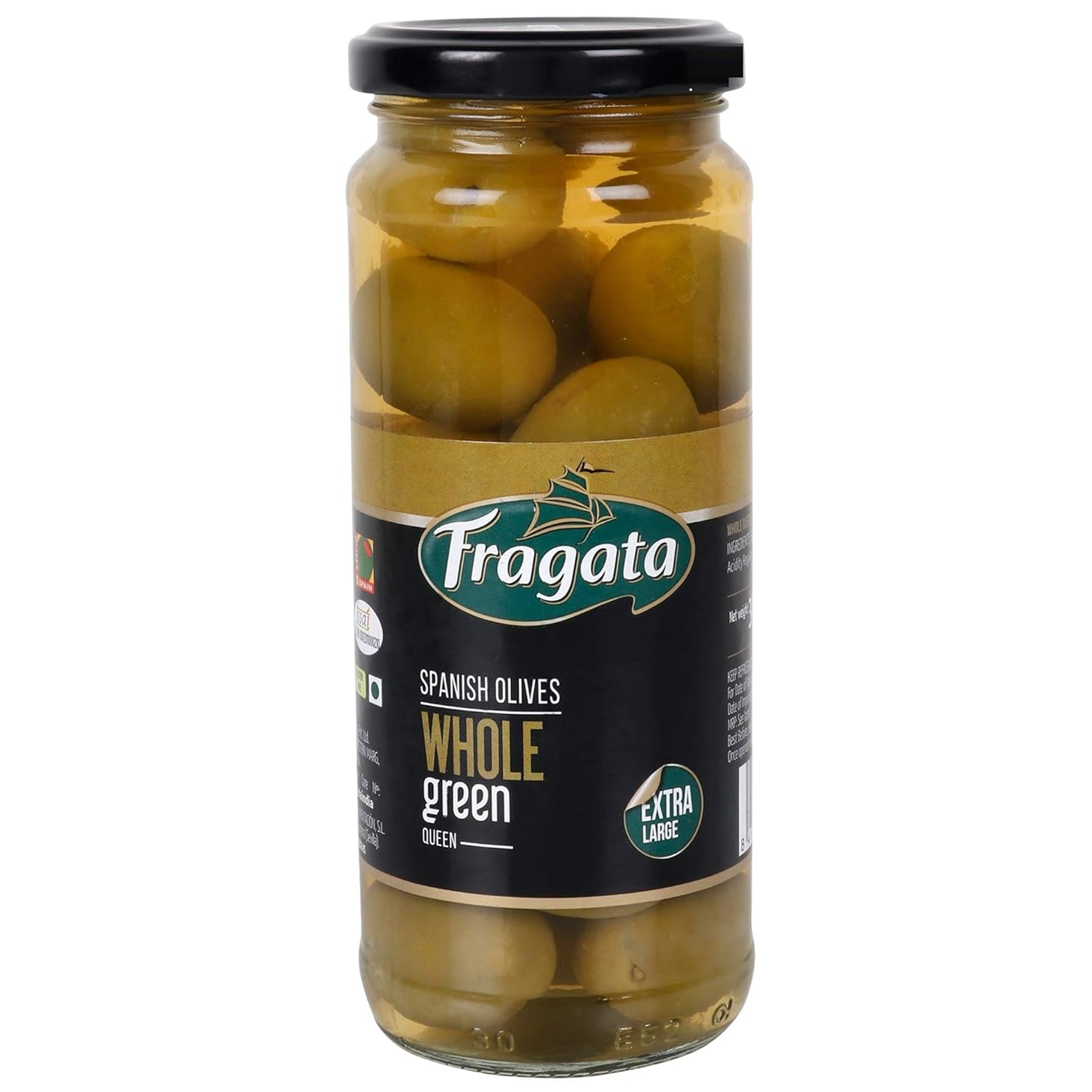 A jar of Fragata Plain Green Olives, displaying the olives inside and the brand's label on the top.