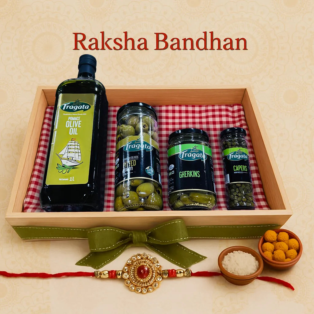 Raksha Bandhan Special Pomace Olive Oil (1L), Pitted Green Olives (440g), Spanish Capers (99g), and Spanish Gherkins (345g) with Rakhi
