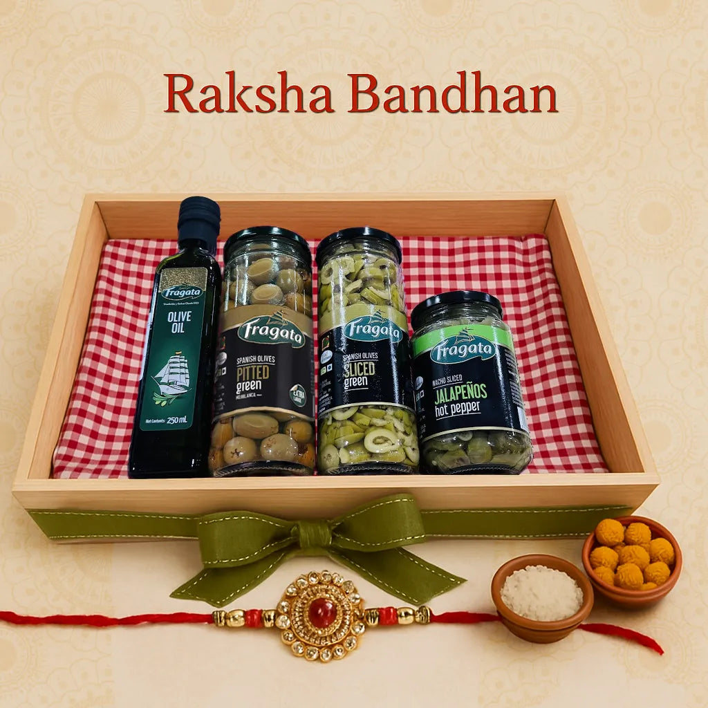 Raksha Bandhan Special Naturally Pure Olive Oil (250ml), Pitted Green Olives (440g), Sliced Green Olives (450g), and Nacho Sliced Jalapeños (350g) with Rakhi