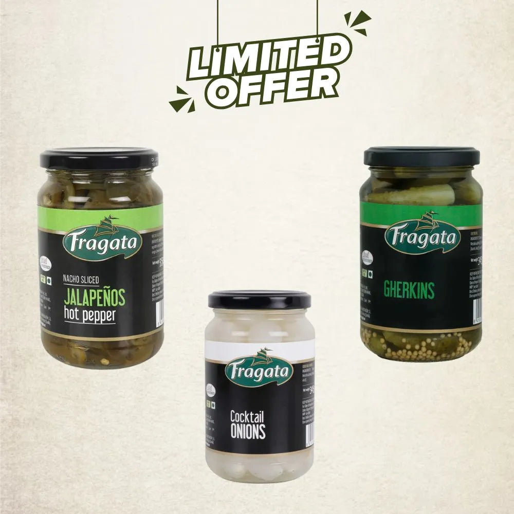 Fragata Combo Deals | Cocktail Onions (345g), Sliced Jalapeños (350g) & Spanish Gherkins (345g)