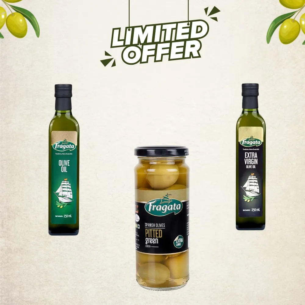 Fragata Combo Deal | Extra Virgin Olive Oil (250ml) & Pure Olive Oil (250ml) + Pitted Queen Olives (340g)