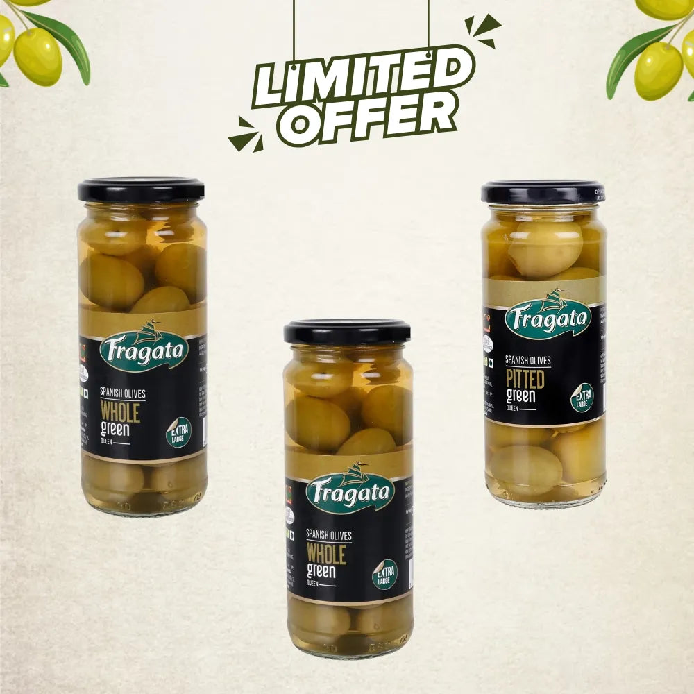 Fragata Combo Deals | Plain Green Olives QUEEN (2 x 340g) & Pitted Queen Green Olives (340g)