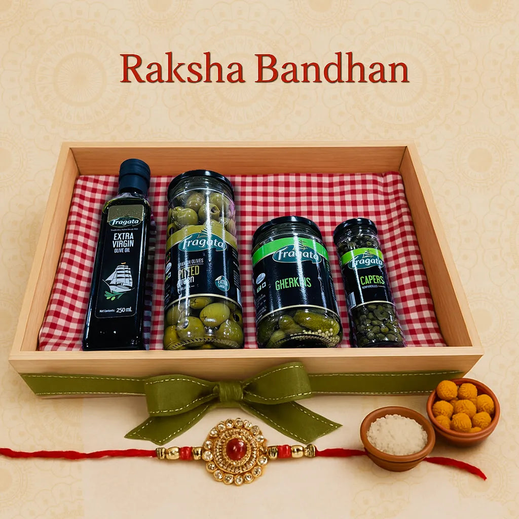 Raksha Bandhan Special Extra Virgin Olive Oil (250ml), Pitted Green Olives (440g), Spanish Capers (99g), and Spanish Gherkins (345g) with Rakhi