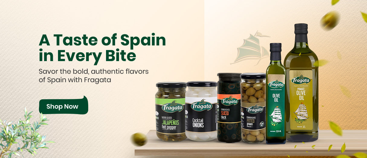 Fragata food products including bottles and jars on a wooden shelf with a decorative background.
