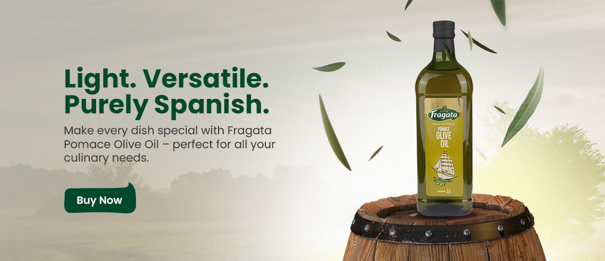 Fragata olive oil bottle on a wooden barrel with promotional text on a light background