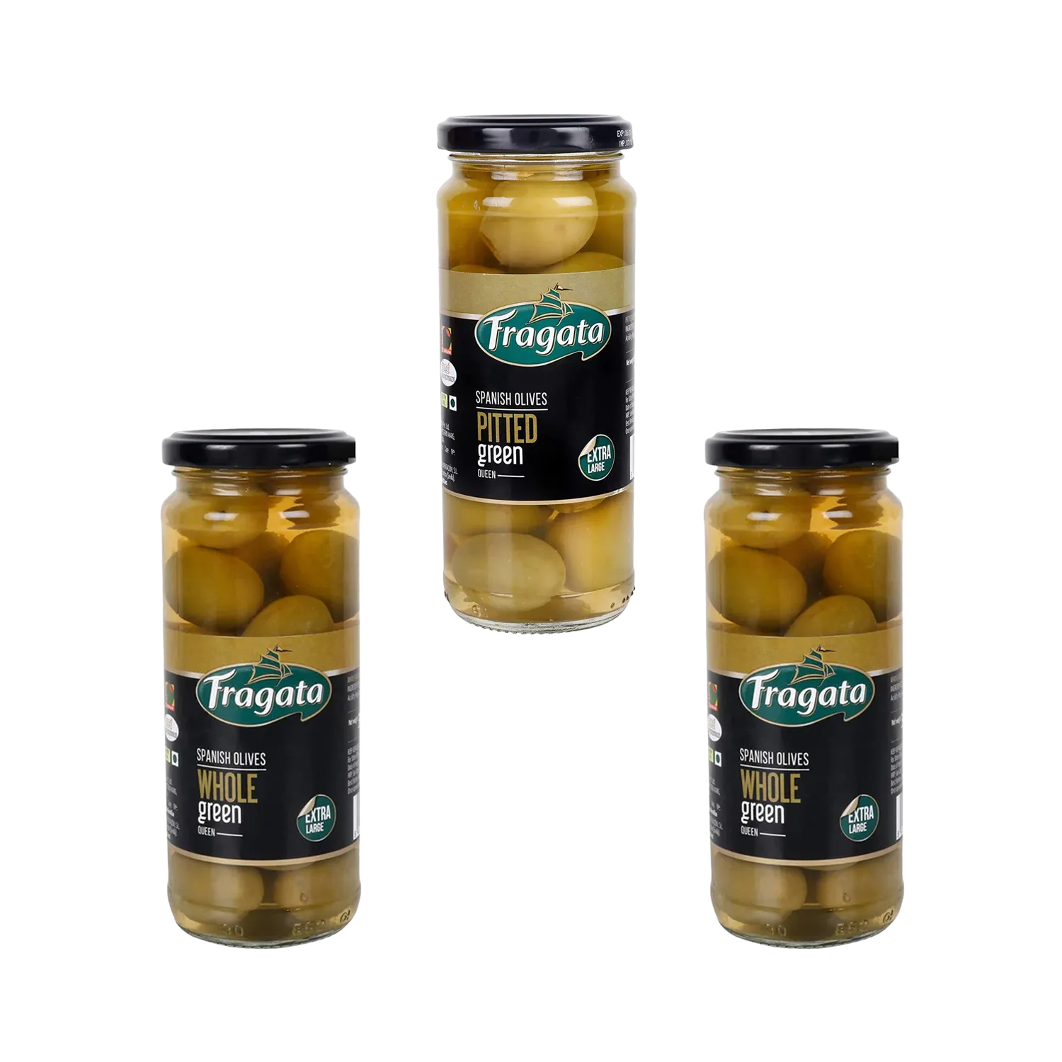 Fragata Combo Deals | Plain Green Olives QUEEN (2 x 340g) & Pitted Queen Green Olives (340g)