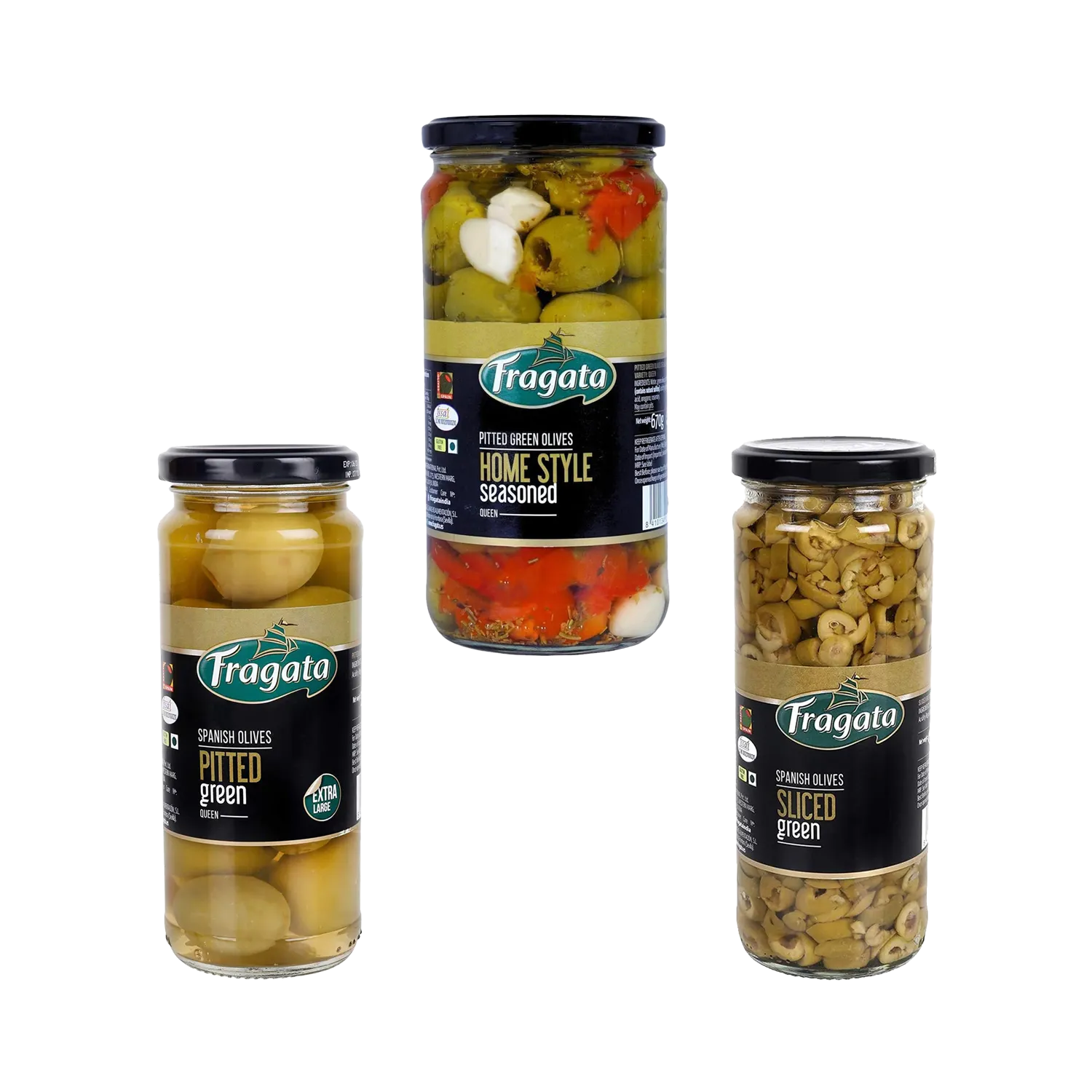 Fragata Combo Deals | Home Style Pitted Green Queen Olives (670g), Pitted Green Olives (440g) & Sliced Green Olives (450g)